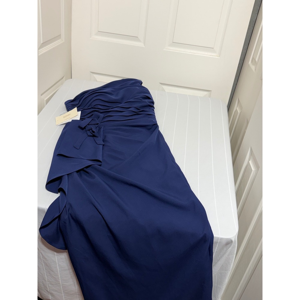 TS Couture Navy Blue One Shoulder Pleated Maxi Gown Formal Dress Bow Detail NWT